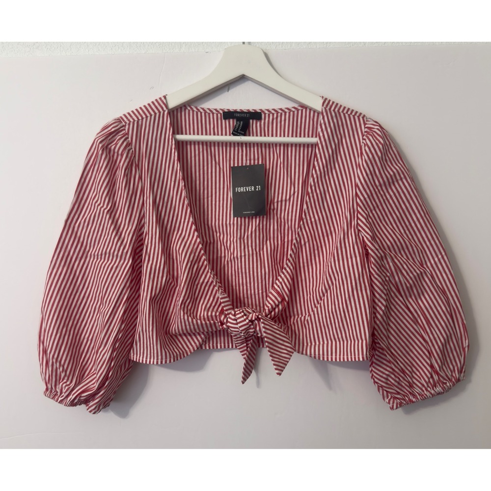 Forever 21 Tie‎ Front Crop Top Womens M Red White Striped Long Sleeve Americana